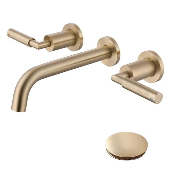 Brass Double Handle Wall Mounted Bathroom Faucet Vessel Sink Faucet with Pop Up Drain and Brass Valve in Gold