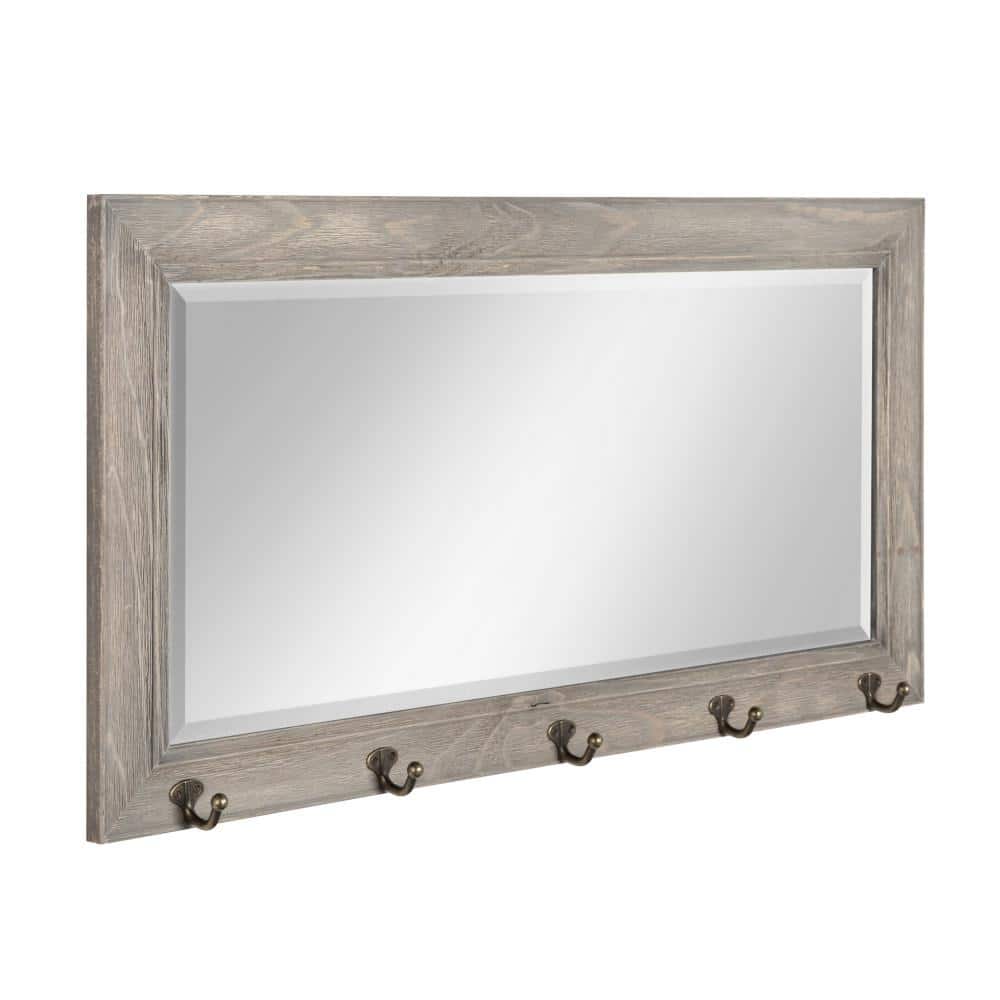 Rustic Graywash 36"x18" Wood Framed Pub Mirror with Metal Hooks