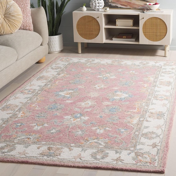 Heritage 6 ft. x 6 ft. Square Pink/Ivory Border Ornate Floral Area Rug