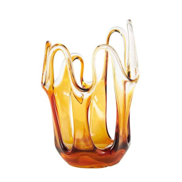 Litton Lane 10 in. Orange Ombre Glass Abstract Decorative Geometric Vase with Wavy Oval Cutouts
