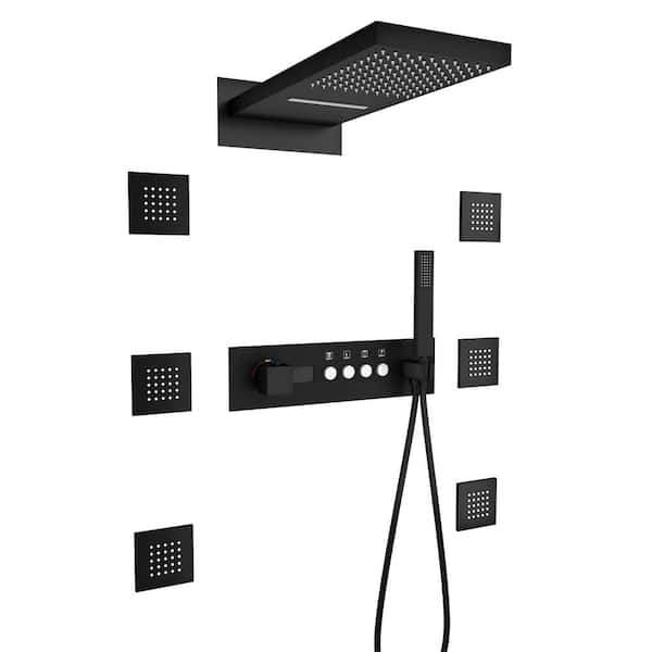 Luxury 4-Spray 2.5 GPM 14.2 in. Wall Mount Dual Shower Heads with 6-Jet Digital Temperature Display in Matte Black