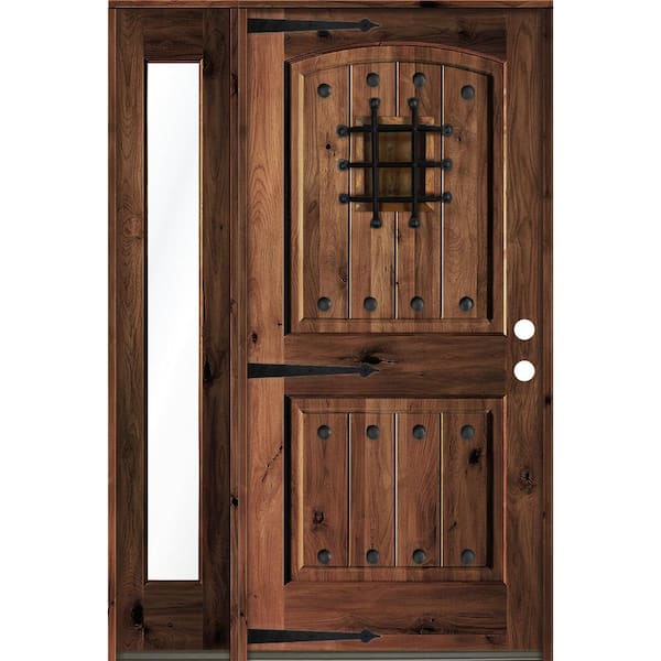 Krosswood Doors 56 in. x 80 in. Mediterranean Knotty Alder Left-Hand/Inswing Clear Glass Red Mahogany Stain Wood Prehung Front Door