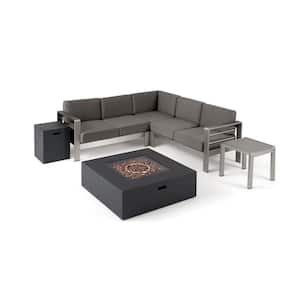 Cape Coral Silver 6-Piece Aluminum Patio Fire Pit Sectional Seating Set with Khaki Cushions