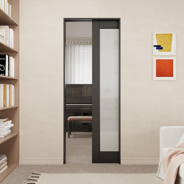 28 in. x 80 in. 1-Lite Frosted Glass Black Primed Wood Sliding Pocket Door with Door Hardware Kit (Soft Close Included)
