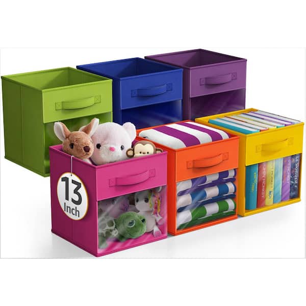 Large Foldable Storage Bins with Window and Handles, Multicolored 13 in. x 13 in. Fabric Decorative Basket Set of 6