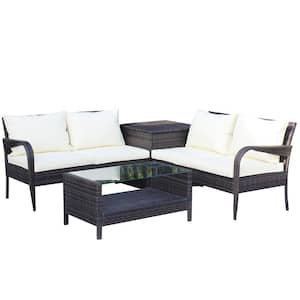 4-Piece PE Wicker Patio Conversation Set Outdoor Sectional Sofa Furniture Set with Table, Storage Box and Beige Cushion