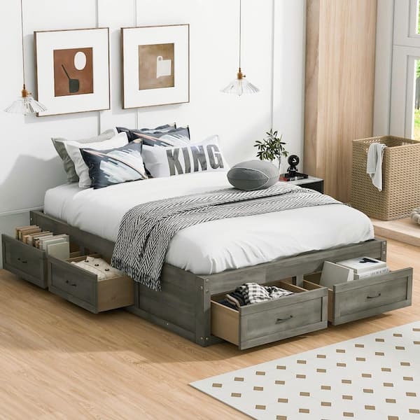Rustic Antique Gray Wood Frame Full Platform Bed with 6 Storage Drawers