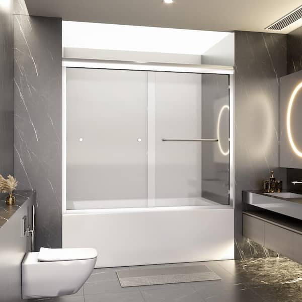 EAKYHOM 60 in. W x 58 in. H Double Sliding Semi-Frameless Tub Door in Chrome with Tempered Clear Glass