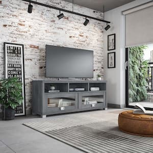 57.25 in. Gray Wood TV Stand Fits TVs Up to 65 in. with Storage Doors