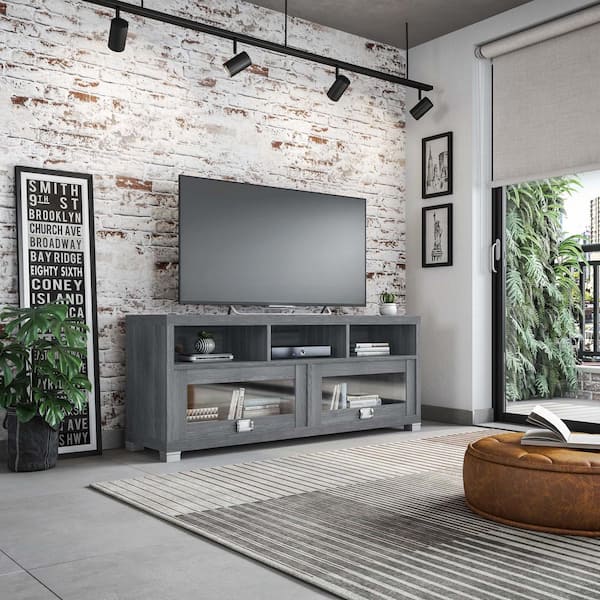 TECHNI MOBILI 57.25 in. Gray Wood TV Stand Fits TVs Up to 65 in. with Storage Doors