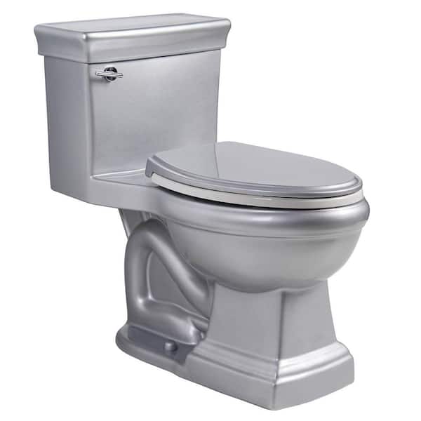 Silver One Piece Toilet 17 in. Seat Height with Elongated Toilet Bowl, 1.28 GPF Single Flush, Soft-Close Seat Included
