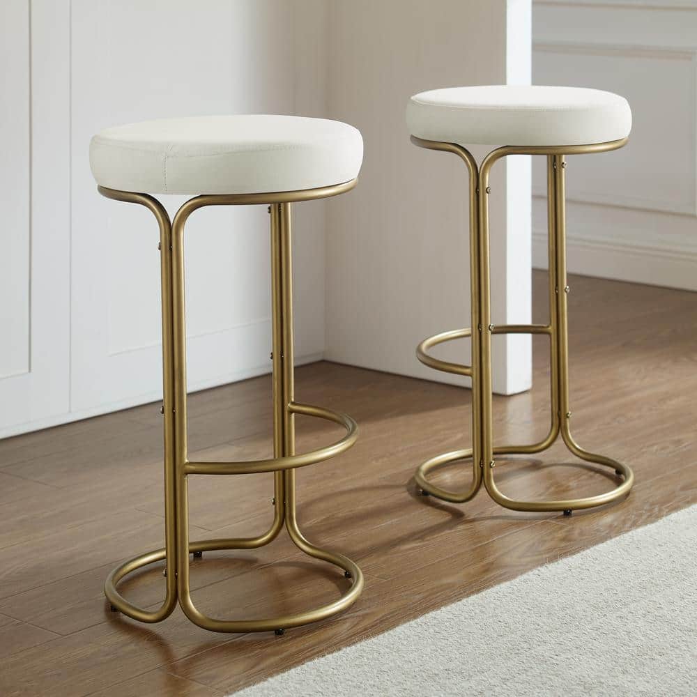 Ivory Velvet and Gold Metal Backless Counter Stools, Set of 2