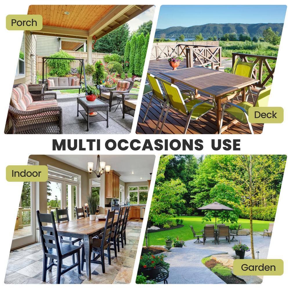 Collage showing the Crestlive Products dining table used in different settings: porch, deck, indoor, and garden.