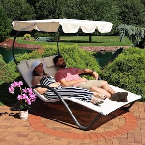 Sling Double Outdoor Chaise Lounge with Canopy Shade and Headrest Pillows