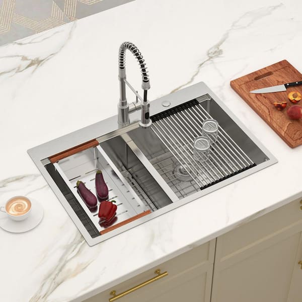 33 in. W Drop-In Double Bowl 50/50 16 Gauge Stainless Steel Low Divide Workstation Kitchen Sink with Bottom Grids