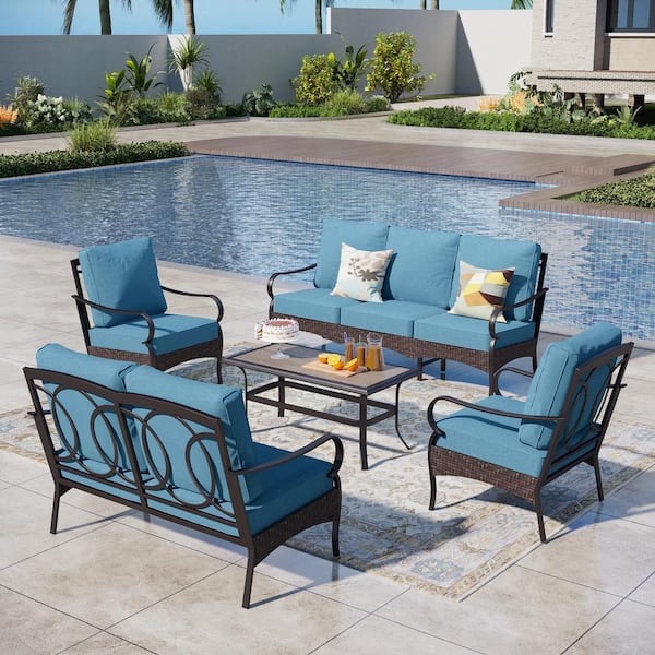 PHI VILLA Brown Rattan 5-Piece 7 Seat Steel Outdoor Patio Conversation Set with Denim Blue Cushions and Wood-Grain Table