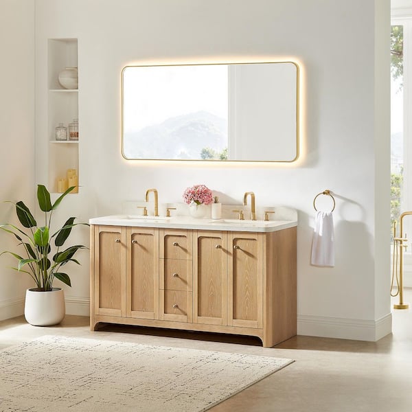 Milner 60 in. Double Freestanding Brushed Oak Bath Vanity with Grain White Engineered Stone Top Assembled
