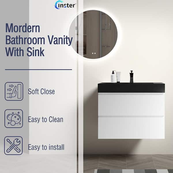 NOBLE 30 in. W x 18 in. D x 25 in. H Single Sink Floating Bath Vanity in White with Black Solid Surface Integral Top