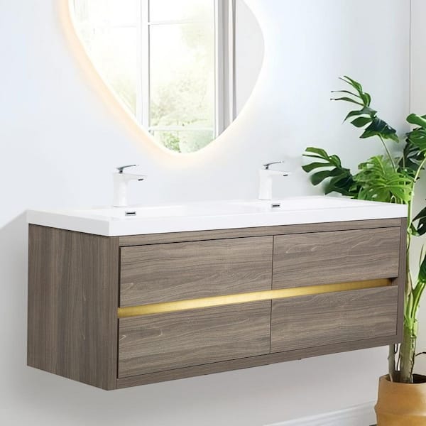 Lafarre 59.06 in. W x 19.69 in. D Double Sink Floating Grey Ash Bath Vanity with White Stone Resin Top Assembled