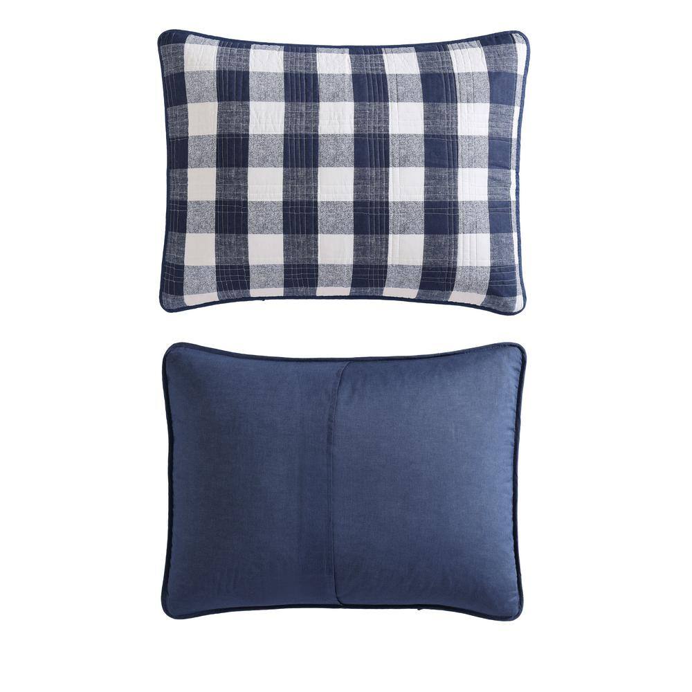 Full Blue Cotton Reversible Plaid Quilt Set
