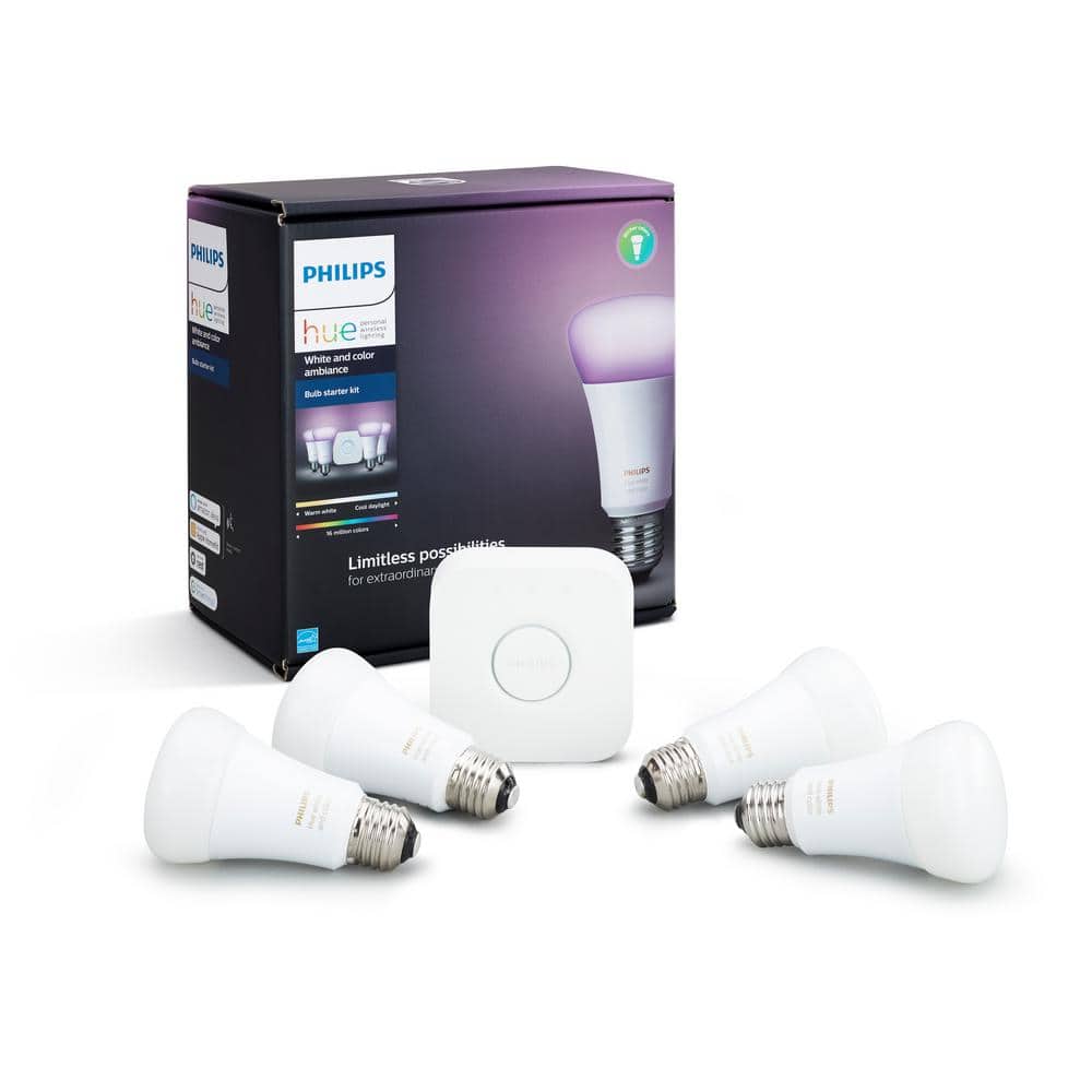 Philips Hue White Ambiance A19 4-Bulbs with Dimmer Renewed Hue 3rd Gen Smart Bridge 