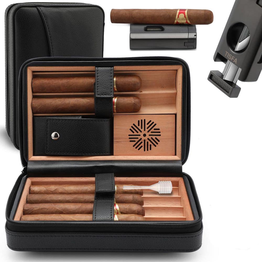 Portable Black Leather Cedar Wood Cigar Case (Includes Cigar Cutter, Cigar 