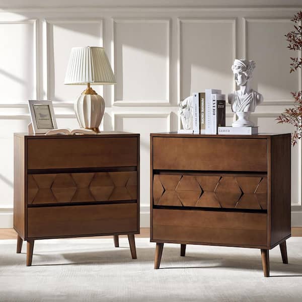 JAYDEN CREATION Karla 30 in. Walnut Mid-century Modern 3-Drawer Dresser USB and Type-C Ports (Set of 2)