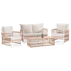 4-Piece Wicker Outdoor Loveseat with Beige Cushions and Lounge Chairs Patio Conversation Set