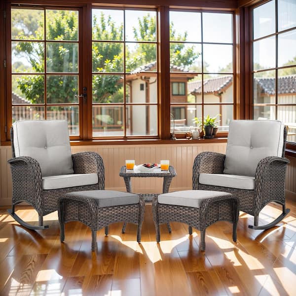 Opohoro Brown 5-Piece Wicker Patio Conversation Set with Rocking Chairs, Balcony Conversation Set with Beige Cushions