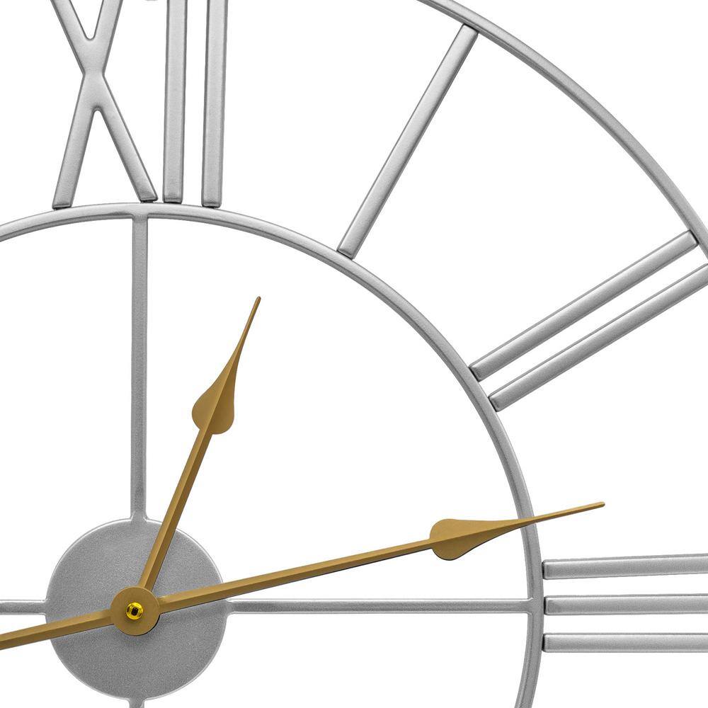 Oversized Silver Metal Roman Numeral Wall Clock