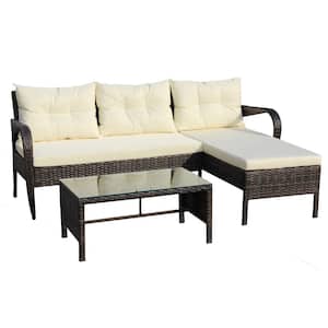 3-Piece Wicker Patio Conversation Set with Beige Cushions