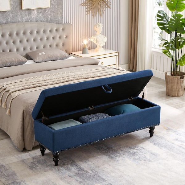 59 in. Blue Tufted End of Bed Bench Ottoman with Storage, 500 lbs. Capacity-Space-Saving Design