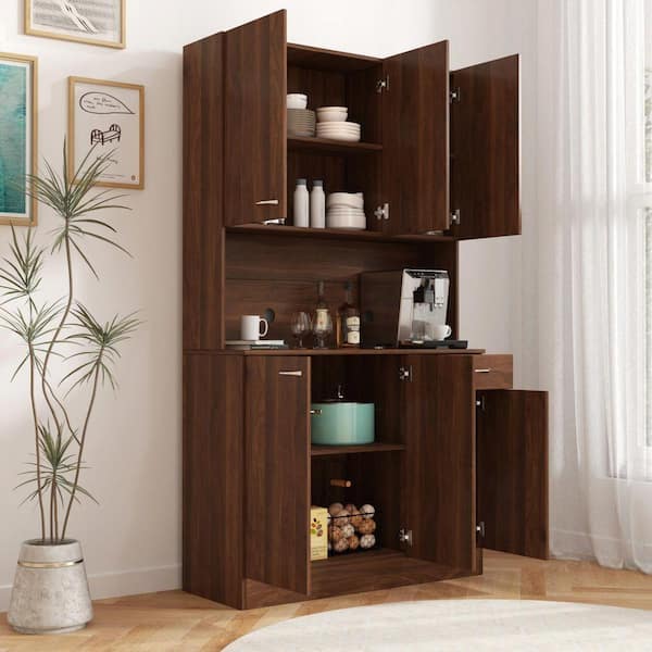 70.87 in. Tall Kitchen Pantry, Wardrobe and Kitchen Cabinet with 6-Doors, 1-Open Shelves and 1-Drawer in Walnut