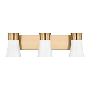 Roy 14.5 in. 3-Light Satin Brass Large Vanity Light with Milk Glass Shades