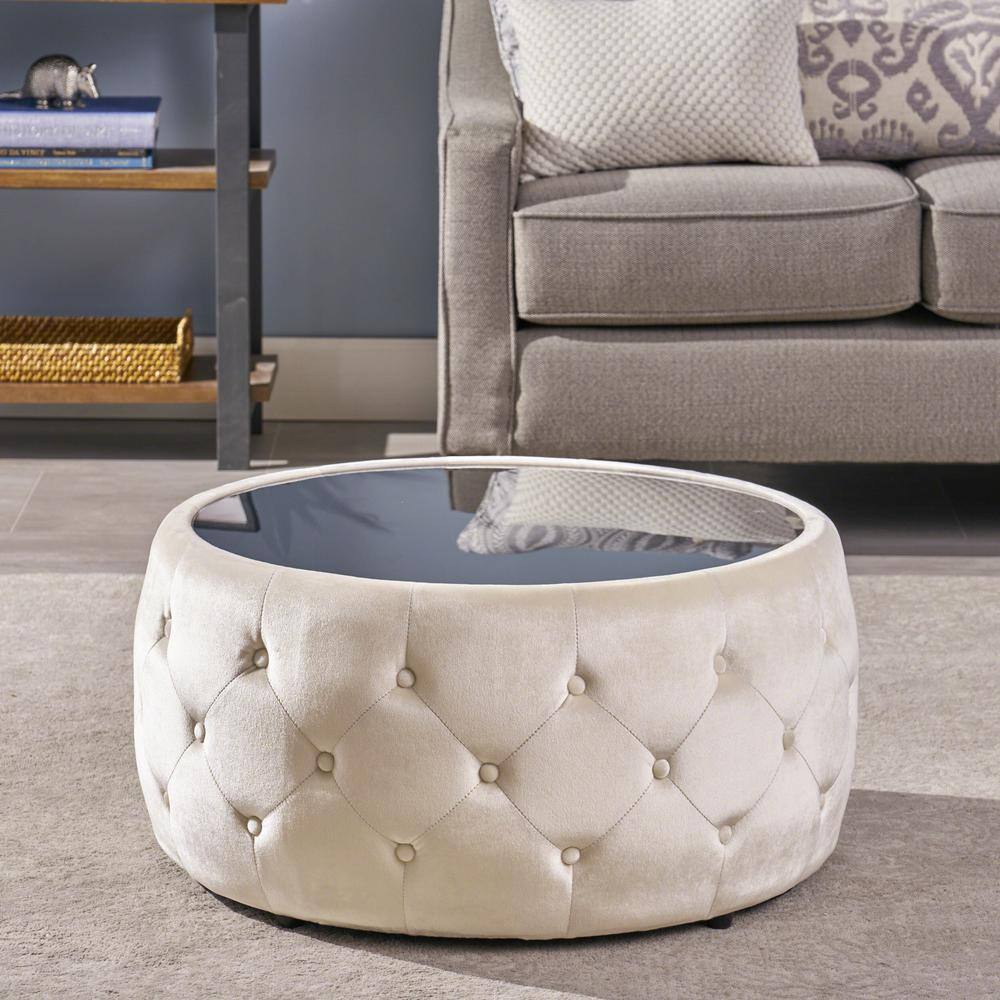 Elegant Round Beige Velvet & Glass Ottoman Coffee Table