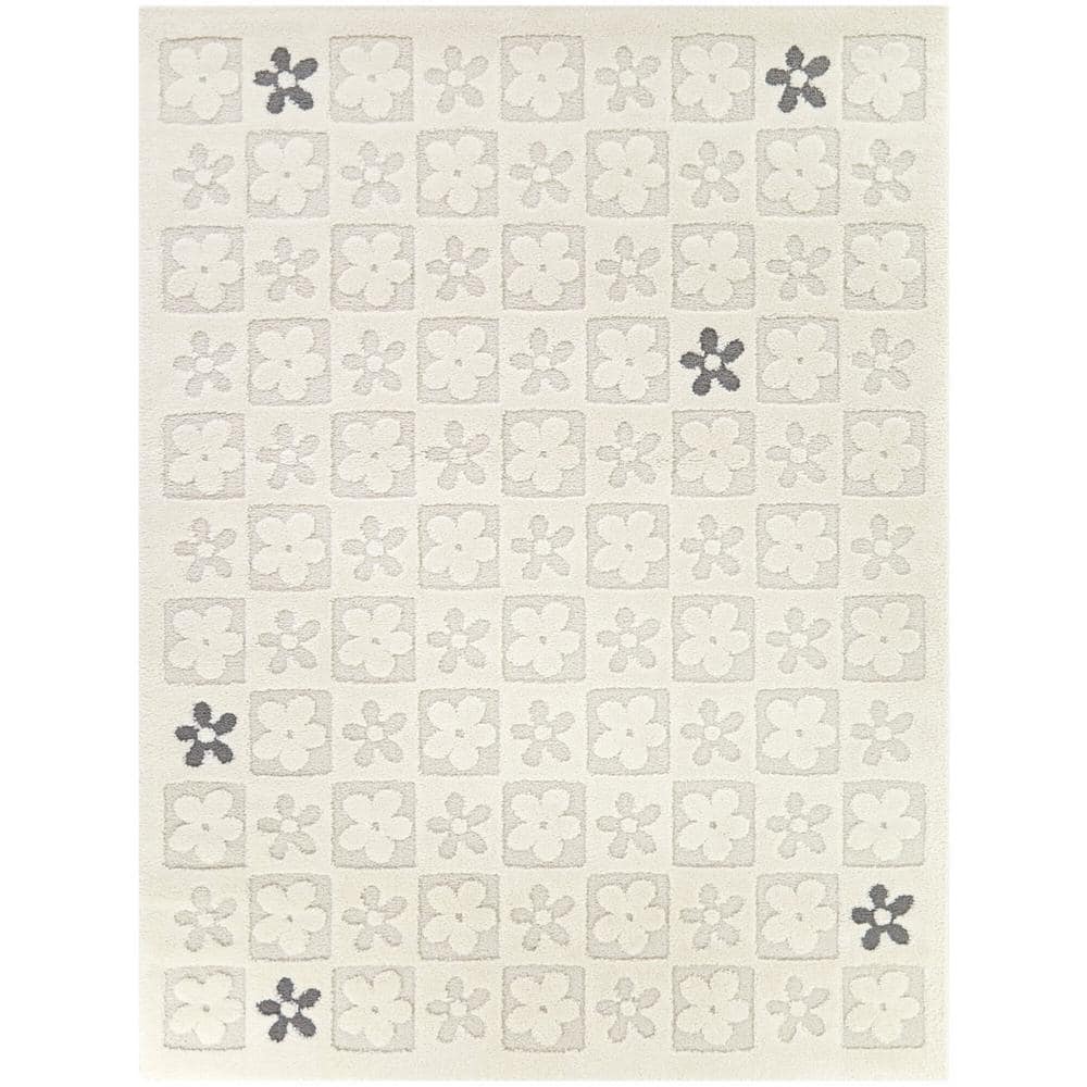 Gray and Off-White Rectangular Synthetic Kids' Rug