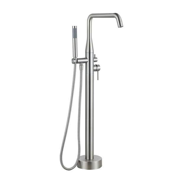 Single Handle Floor Mount Freestanding Tub Faucet with Hand Shower in Brushed Nickel