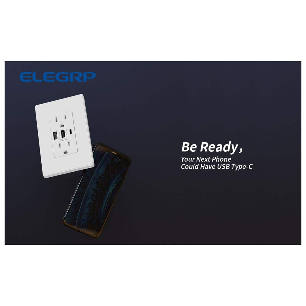 White Tamper Resistant Duplex Outlet with USB-C Ports and Wall Plate