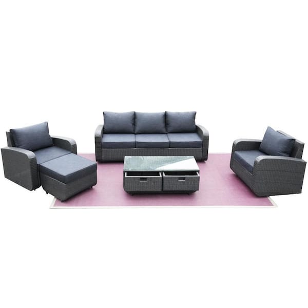 moda furnishings Jeff Black 5-Piece Wicker Patio Conversation Set with Black Cushions