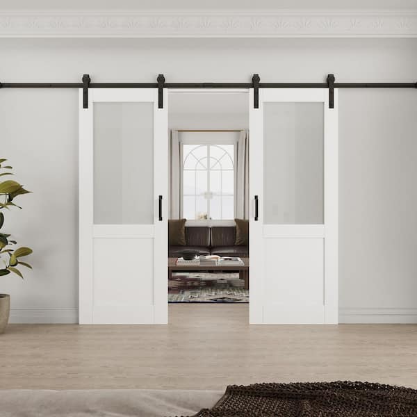 ARK DESIGN 60 in. x 80 in. 1/2-Lite Tempered Frosted Glass White Primed MDF Composite Sliding Barn Door with Hardware Kit
