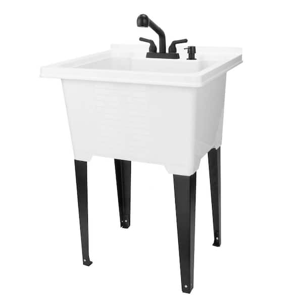 TEHILA 25 in. x 21.5 in. ABS Plastic Drop-in Freestanding Utility Sink in White - Black Sprayer Pull-Out Faucet, Soap Dispenser