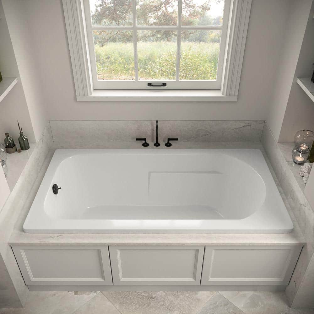 72" x 36" Glossy White Acrylic Drop-In Soaking Bathtub with Matte Black Hardware