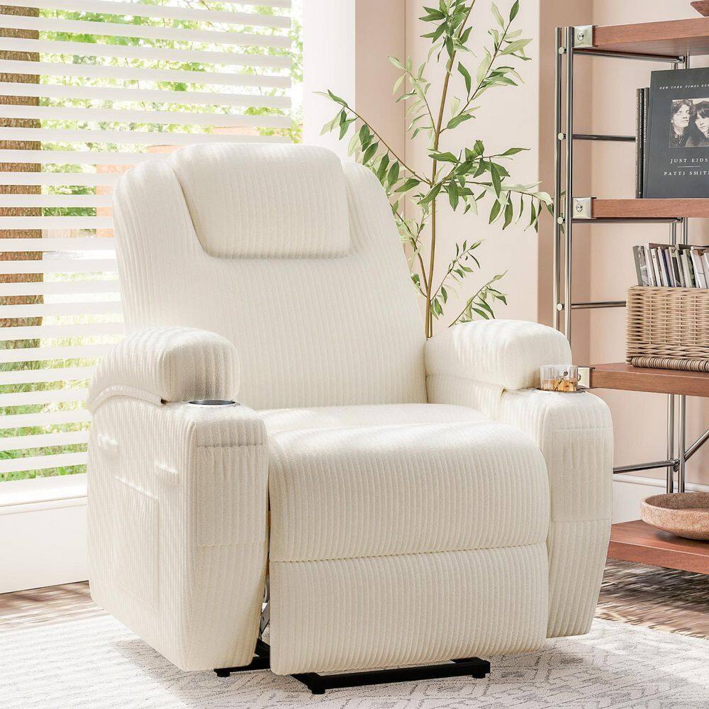 Power Lift Recliner with Massage for Elderly, Classic Single Sofa with 2-Cup Holders, White Corduroy