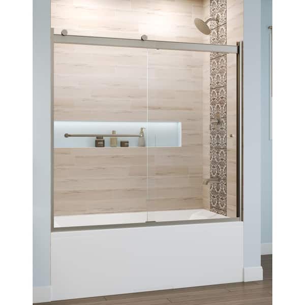 Basco Rotolo 60 in. x 57 in. Semi-Frameless Sliding Tub Door in Brushed Nickel with Handle