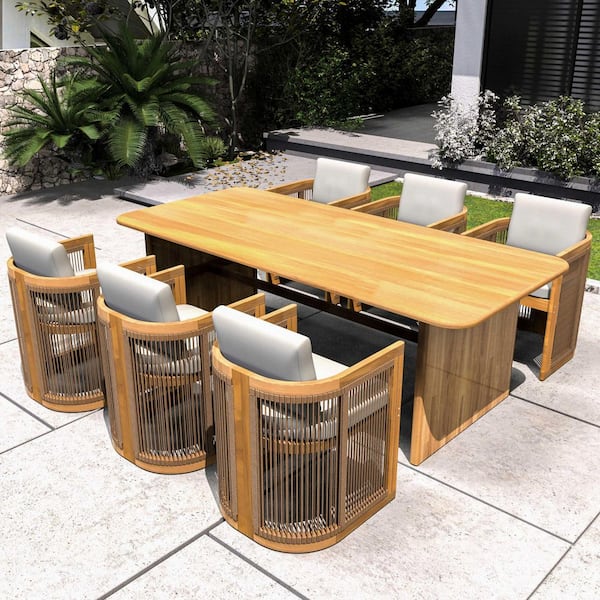 Adwoa 6-Person Acacia Wood Rope Weaving Patio Outdoor Dining Set with Cream Cushions