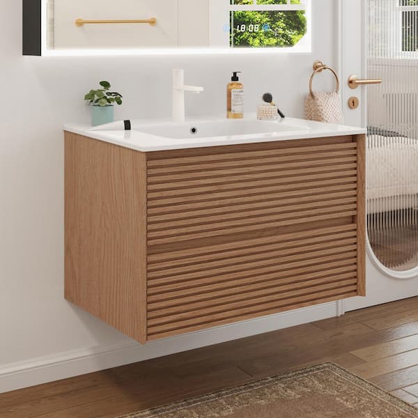 24 in. W Floating Bathroom Vanity in Brown Walnut with White Ceramic Top