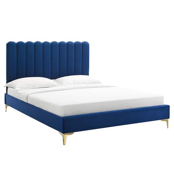 MODWAY Reagan in Blue Navy Performance Velvet Frame Queen Platform Bed