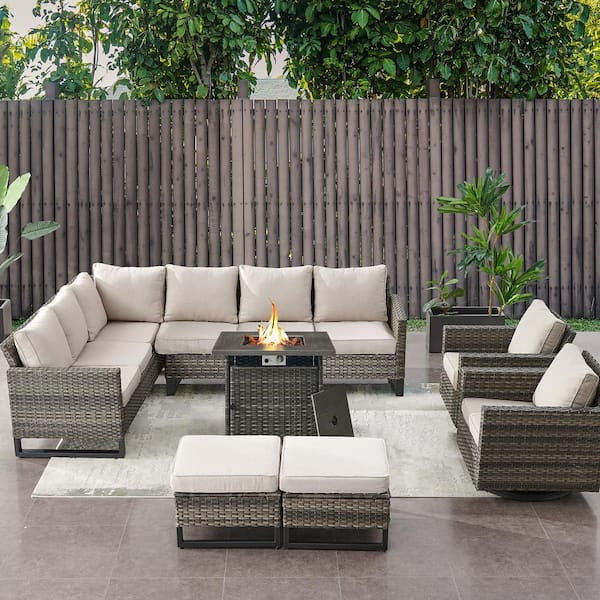 Gymojoy Valenta Gray 7-Piece Wicker Patio Fire Pit Sectional Seating Set with Beige Cushions