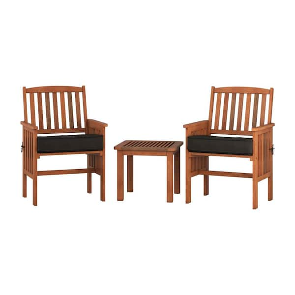 CorLiving Miramar Brown 3-Piece Hardwood Patio Conversation Set with Black Cushions