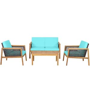 4-Piece Acacia Wood Patio Conversation Set Outdoor PE Rattan Set with Removable Turquoise Cushions